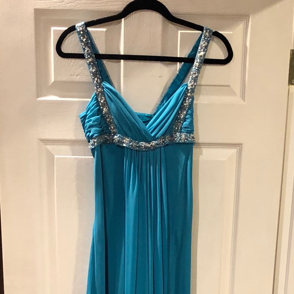 ABS floor length teal black tie gown